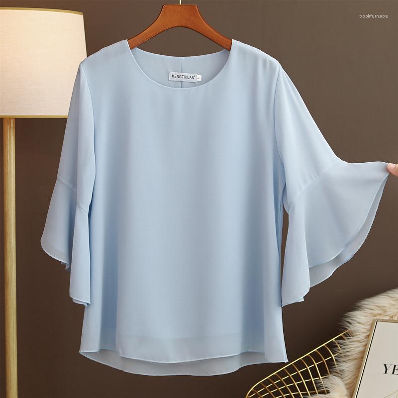 

Women's Blouses Fashion Brand 2023 Top Summer Dress Foreign Style Trumpet Sleeves Size Thin Middle-sleeved Chiffon Shirt Women, V-neck root starch