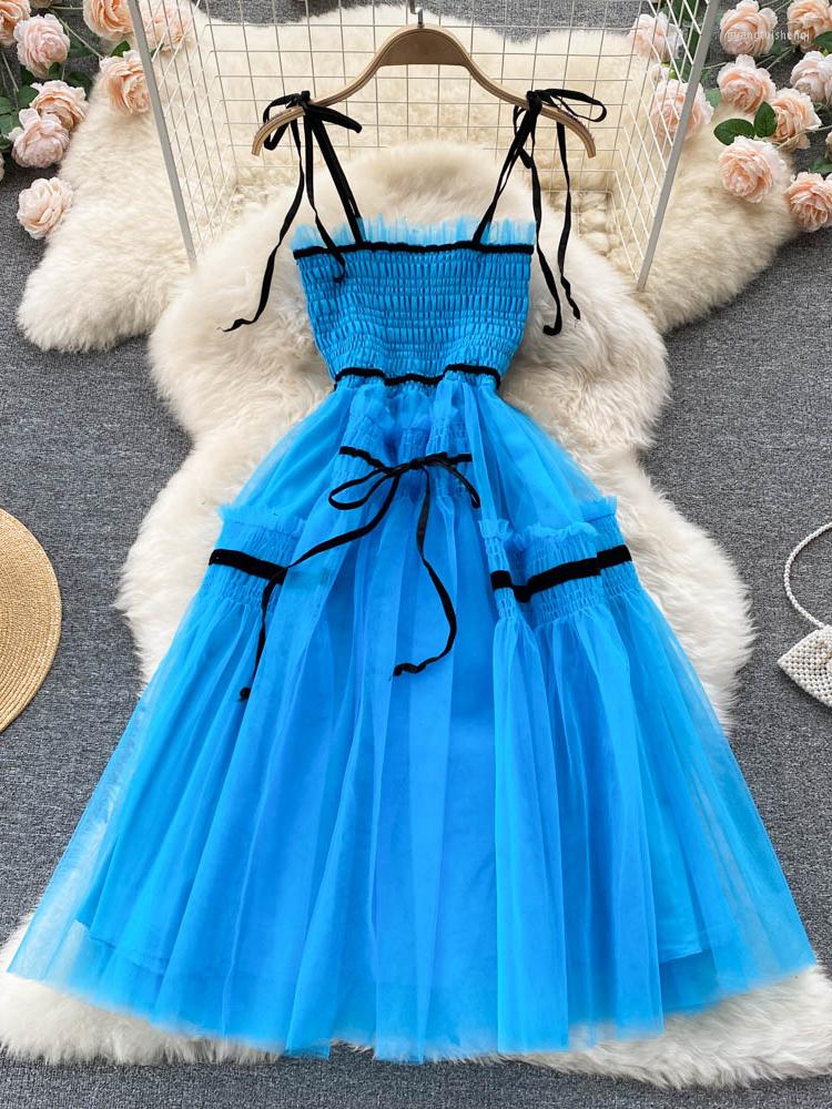 

Casual Dresses ZCWXM Summer Women Clothing Sexy Sling Gauze Party Dress Vintage Lace Up French Delight Ladies Vestidos Elegantes, Blue