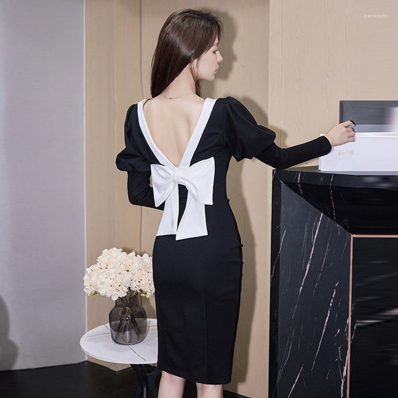 

Casual Dresses French Elegant Black Women 2023 Spring Vintage Square Neck Party Dress Lady Long Sleeve Bow Puff Slim G452