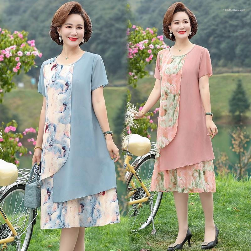 

Party Dresses Moms Summer Dress 2023 Style Wide Lady Western Noble Middle-aged And Elderly Womens Short-sleeved Midi Vestidos, Sky blue