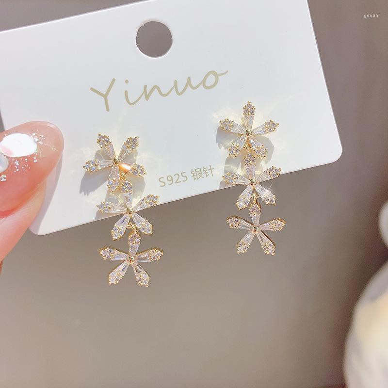 

Stud Earrings Luxury 14K Real Gold Micro-inlaid Zircon Flowers Needle Temperament For Women Cubic ZC