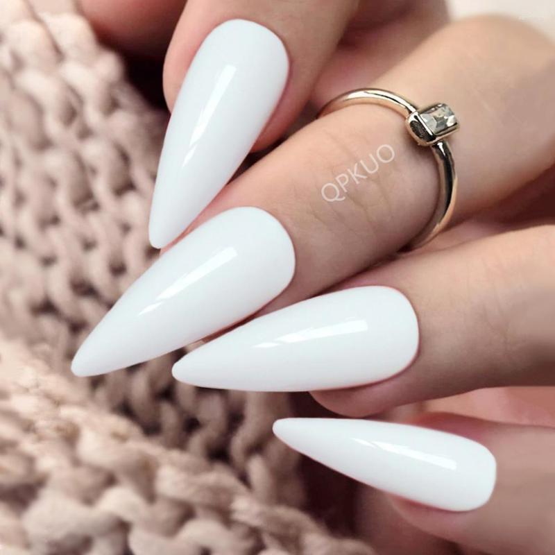 

False Nails 24Pcs Shiny White Long Stiletto Fake Nail With Jelly Glue Press On Artificial DIY Full Cover Tips Manicure Tool, 618p