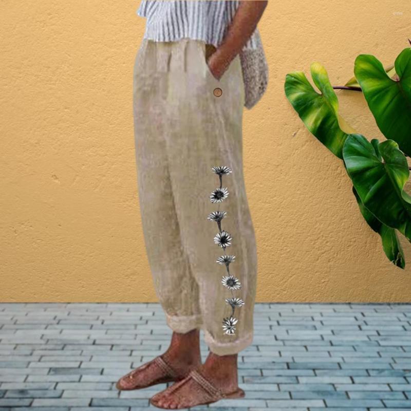 

Women's Pants Women Trousers Linen Cotton Vintage Flower Pattern Harem Elastic Waist Sweatpants Mid Waisted Summer Fashion, Khaki