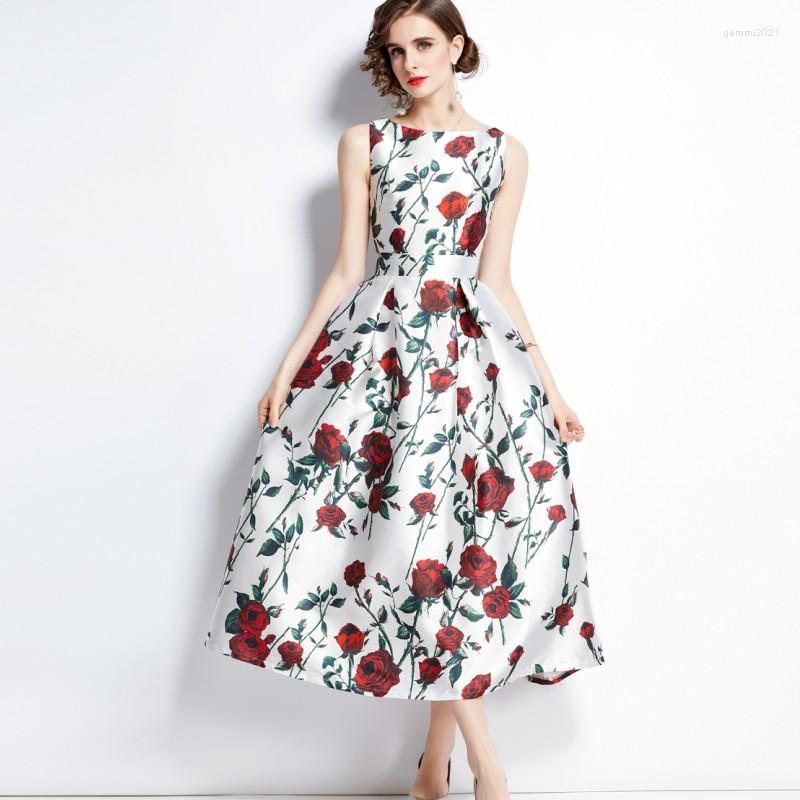 

Casual Dresses Fashion Elegant Rose Flower Print A-Line Dress 2023 Runway Design Women' Sleeveless Slim Waist Party Vestidos, Photo color