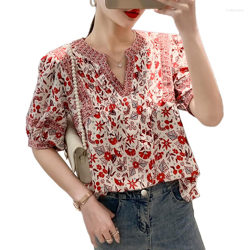 

Women' Blouses Silk Shirts Women Short Sleeve Tops And For Clothing Office Lady Shirt Vintage Floral Blouse 2023 Fashion Top