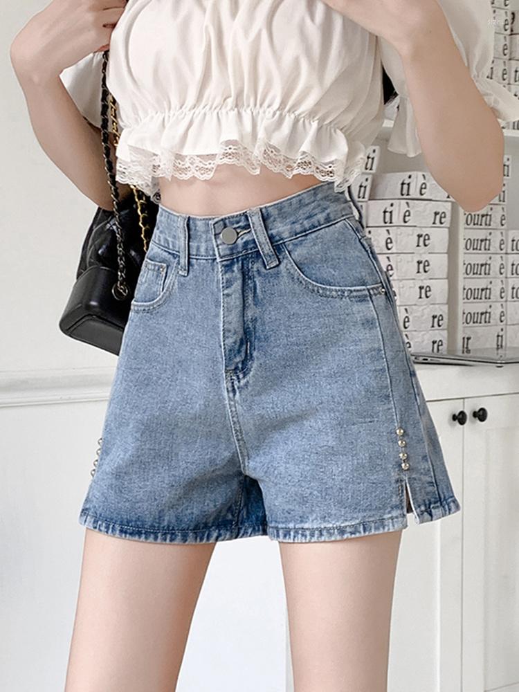 

Women' Shorts Summer Women High Waist Wide Leg Rivet Blue Denim Casual Female Loose Straight Jeans Ladies Bottoms