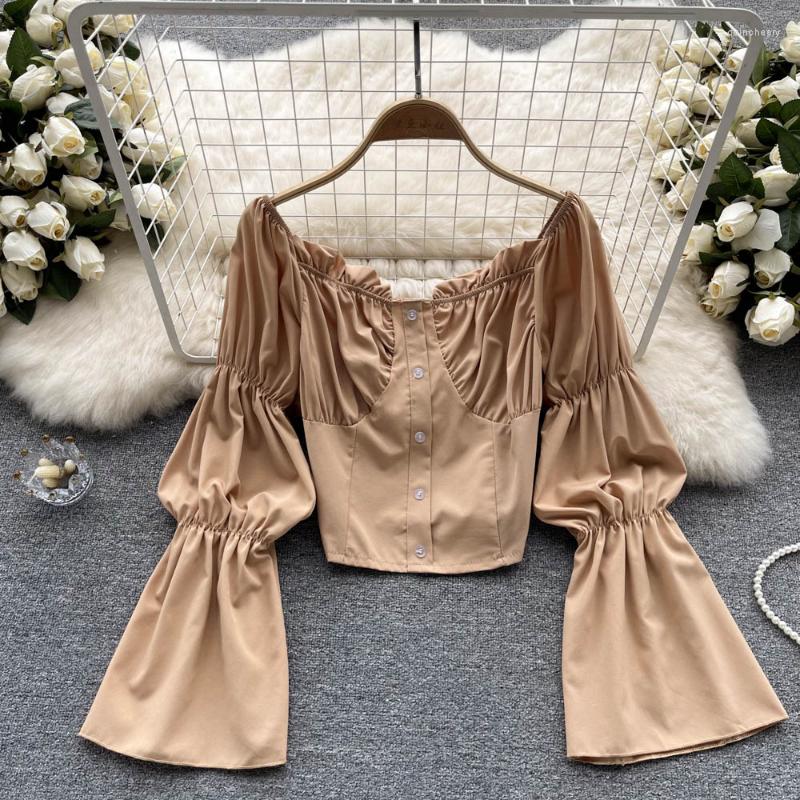 

Women's Blouses Korejepo Bubble Sleeve Short Top One Line Collar Shirt Women's Spring Autumn Chic French Pleated Elegant Fashion Blouse, Khaki