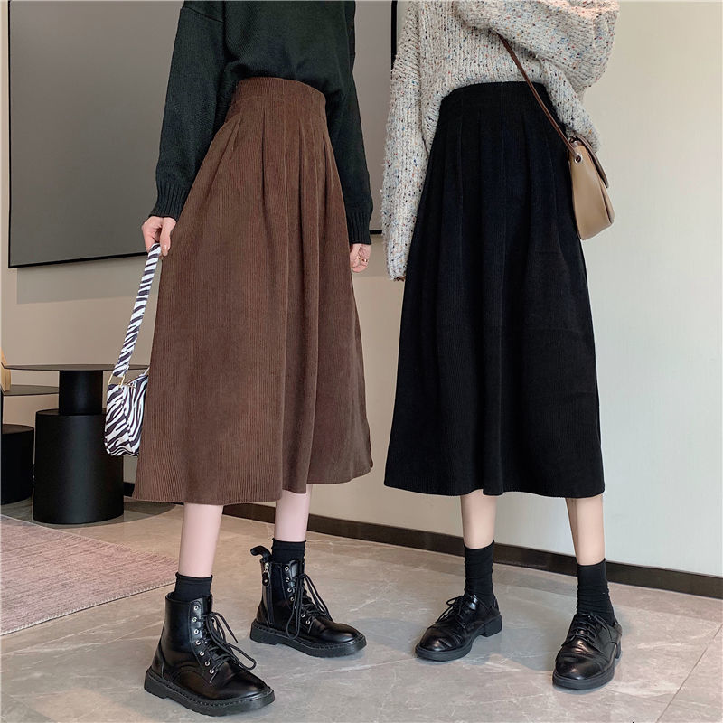 

Skirts Autumn Winter Women's Corduroy Midi Skirts Vintage Brown Black High Waist A-line Skirts Female Fashion Long Skirt 230313