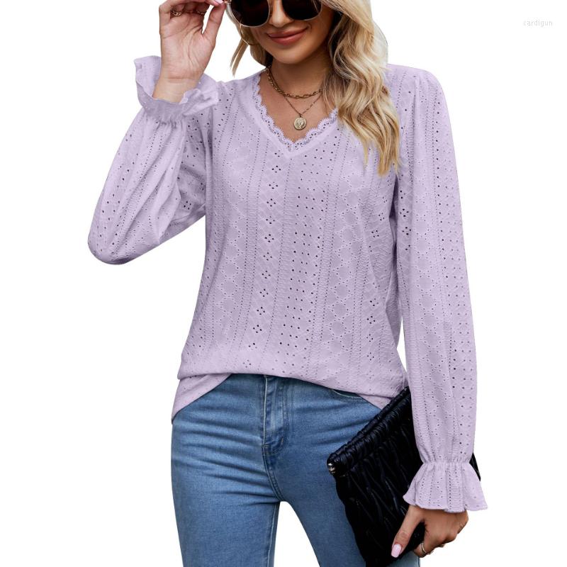

Women' Blouses Elegant Casual Long Sleeve Fashion Autumn V-neck Hollow Out Women Lace T-Shirt Top 2023 Blusas Sweet Clothes 23740, Black
