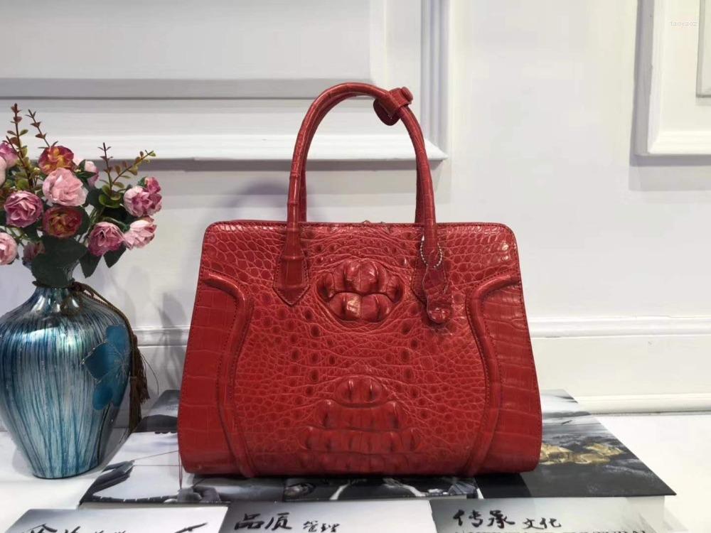 

Evening Bags Top Quality Genuine Crocodile Head Skin Leather Women Tote Handbag Medium Size Lady Handle Daily Bag Green Color, Beige