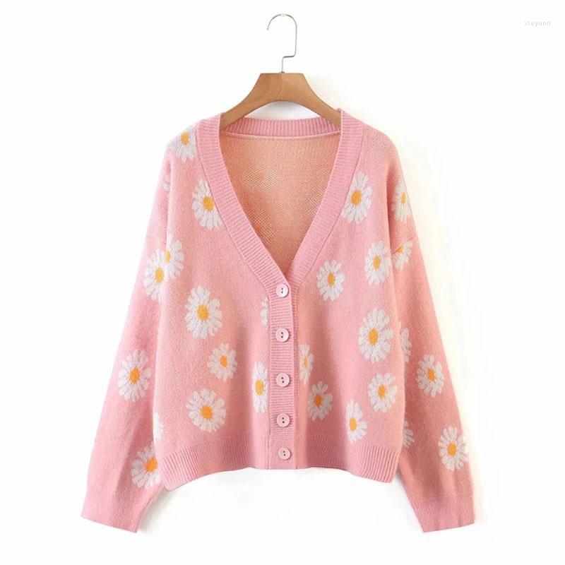 

Women's Knits Knit Cardigan Women 2023 Autumn Winter Cute Daisy Floral Print Button Loose Sweater Female Jacket Coat Blue Pink