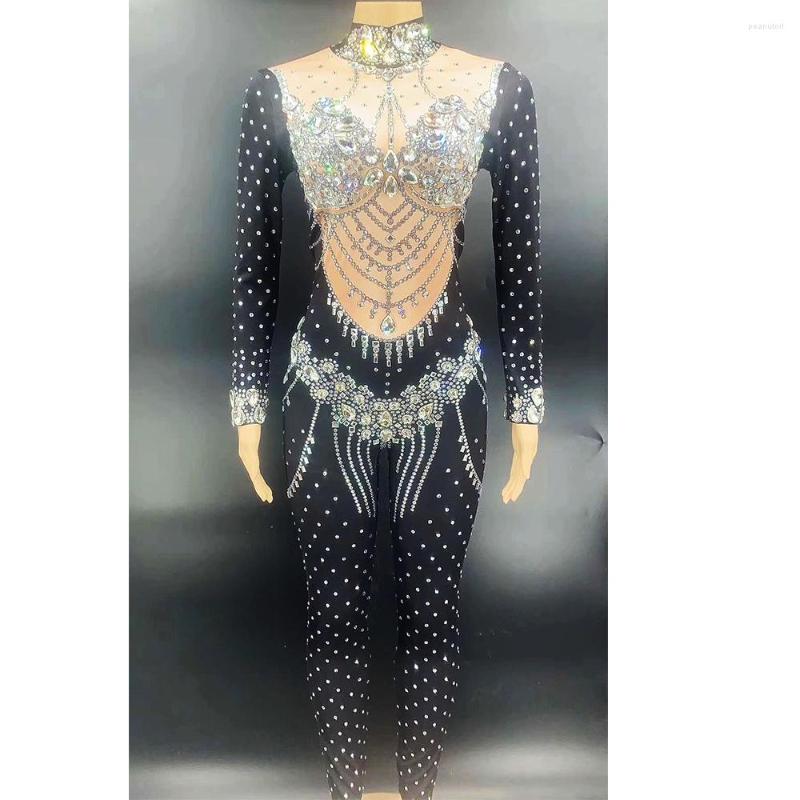 

Stage Wear Sparkling Women Drag Queen Jumpsuits Rhinestone Dots Diamonds Perspective Half High Collar Tassel Shining Belly Romper, Black