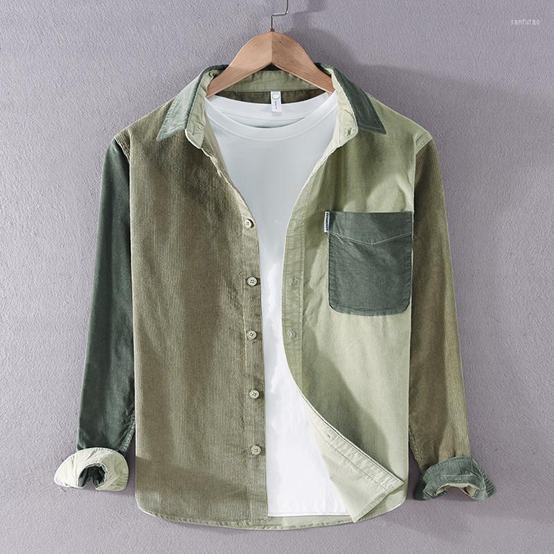 

Men's Casual Shirts Designer Italy Quality Cotton Brand For Men Fashion Corduroy Patchwork Comfortable Tops Clothing Camisa Masculina, Army green