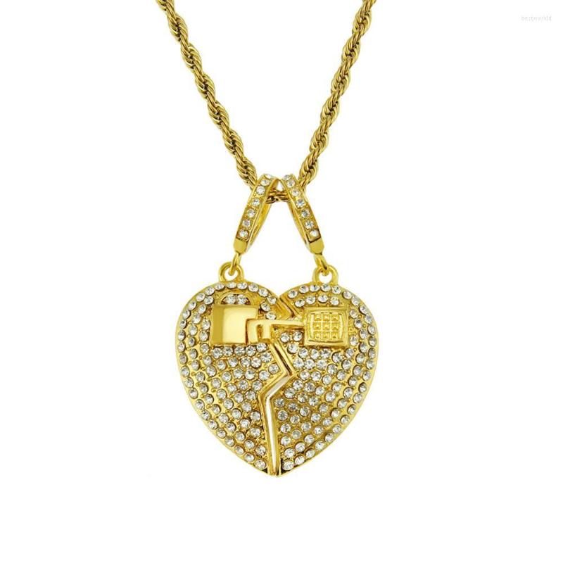 

Pendant Necklaces Hip Hop Full Rhinestones Paved Iced Out Bling Gold Silver Color Lock Key Heart Pendants Necklace For Men Women Lovers