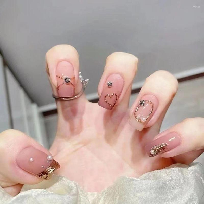 

False Nails 24pcs Square Pink Butterfly Art White Love Heart Full Cover Nail Elegant Fake, Z435