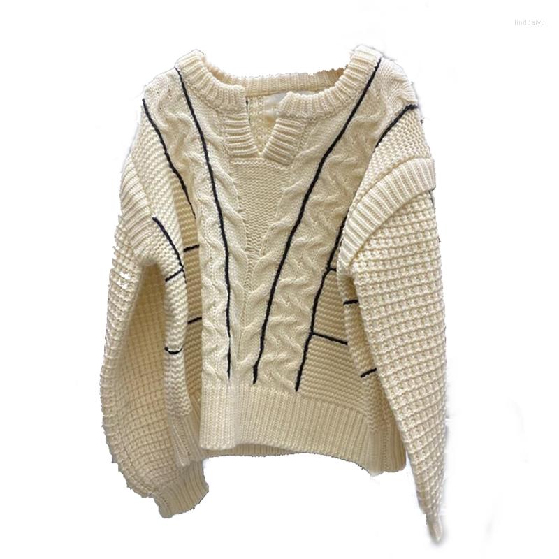 

Women' Sweaters VANOVICH 2023 Autumn And Winter Fashion Casual Korean Style Temperament Pullover V-neck Sweater Women' Loose Striped, Apricot