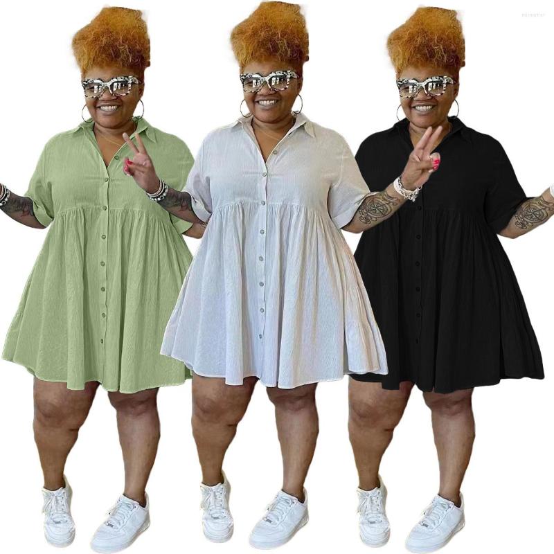 

Casual Dresses Women Shirt Stand Collar Short Sleeve Midi Dress Above Knee Solid Color Buttons Clothing Streetwear, Black