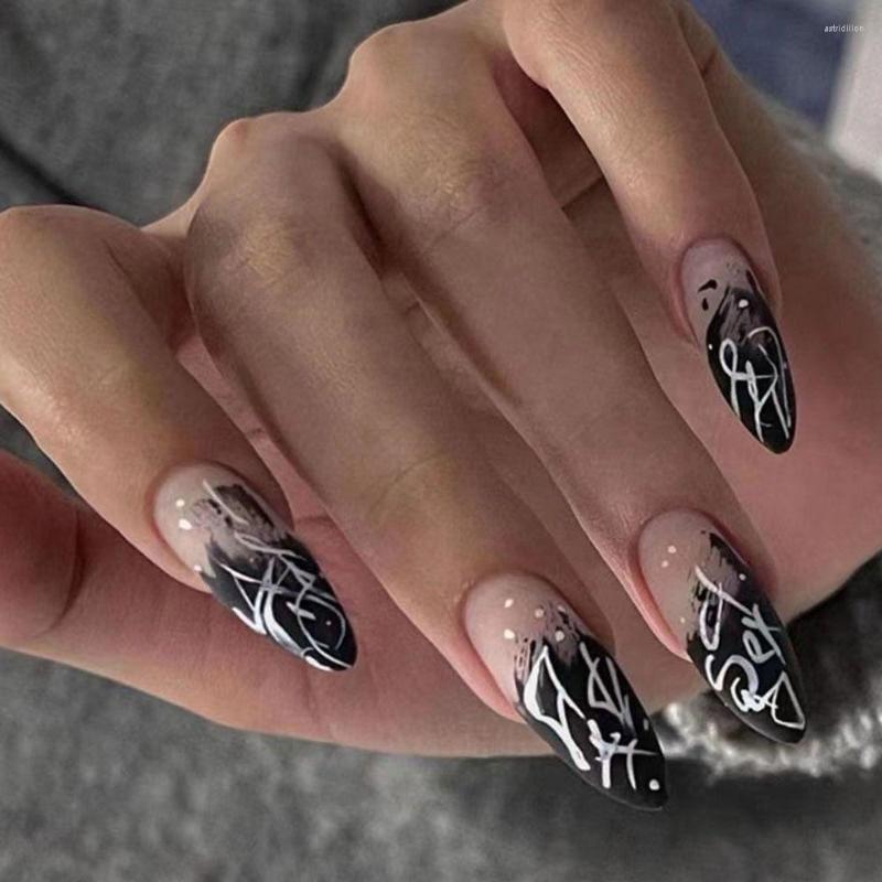 

False Nails 24pcs Black White Graffiti French Fake Full Cover Detachable Almond Press On Nail Tips DIY Girl Manicure, As show