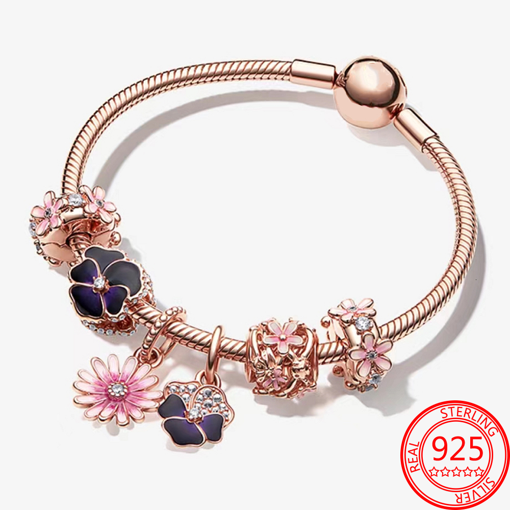 

Bangle Romantic 925 Sterling Silver Floral Sea Rose Gold Bracelet Set With Pink Daisy Charms Dark Purple Pansy Charm Jewelry Making 230313
