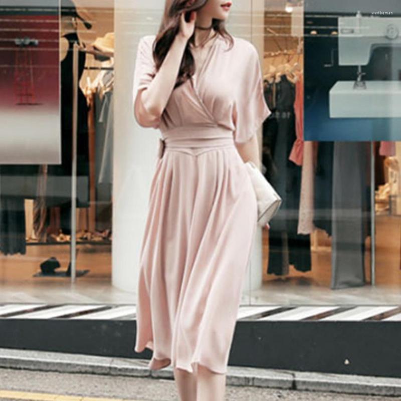 

Party Dresses Summer Pink Elegant Sweet Office Ladies Women Vintage Batwing Sleeve Deep V Lace Up Simple Solid Female Midi Dress