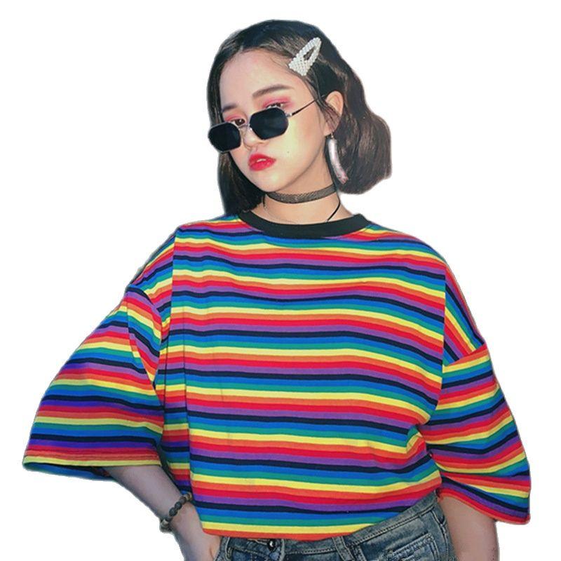 

Women's T Shirts Summer Korean Of The Harajuku Style All-match Student Loose Short-sleeved Rainbow Striped Women, Picture shown