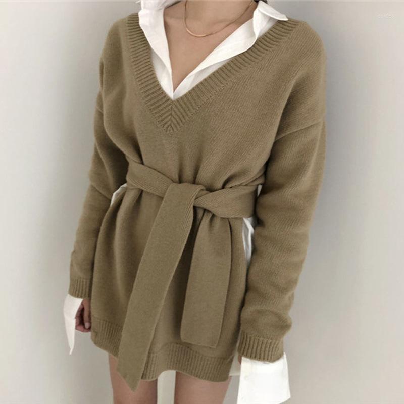 

Women's Sweaters 2023 Irregular Women Sweate V Neck Lace Up Female Knitted Pullovers Long Sleeve Sweater Autumn Winter Jumpers, Black