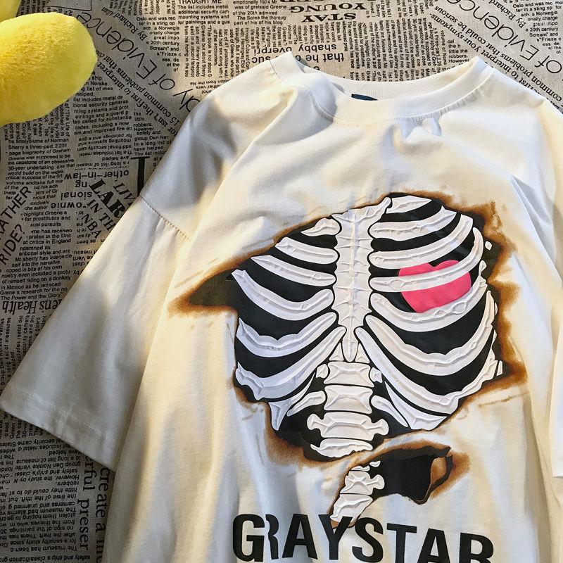 

Men' T Shirts Pure Cotton Summer Short Sleeved Shirt Male Skull Student Casual Loose T-shirt Trendy Ins Top Y2k Oversized, Black