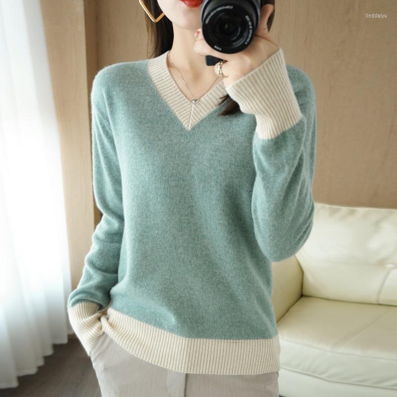 

Women's Sweaters 2023 Autumn Winter V-Neck Pullover Women's Sweater Small Fresh Woolen All-Match Casual Color Matching Bottoming Slim, Gray