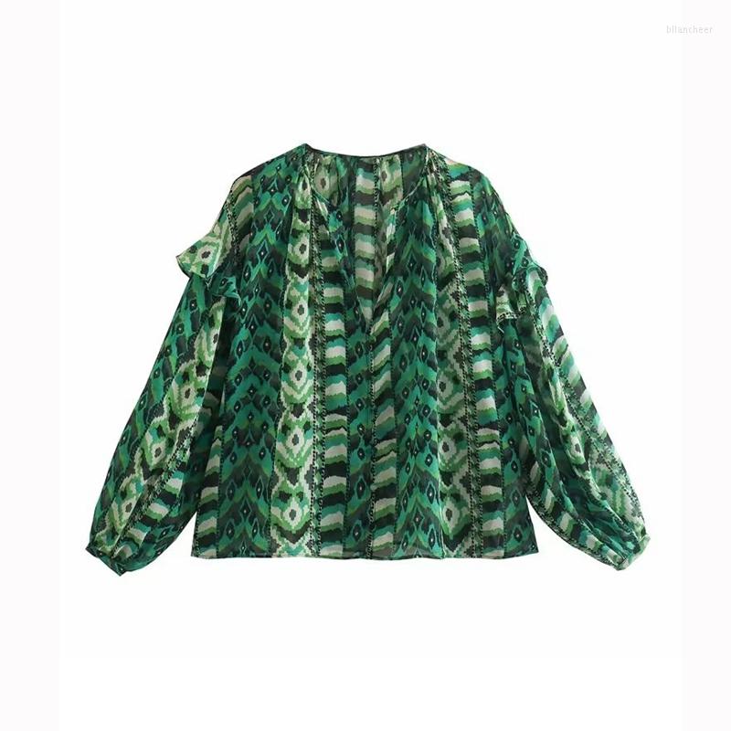 

Women's Blouses Women Loose Floral Blouse Puff Sleeve Ruffles V Neck Spring Tops Ladies Street Wear Shirts, Green