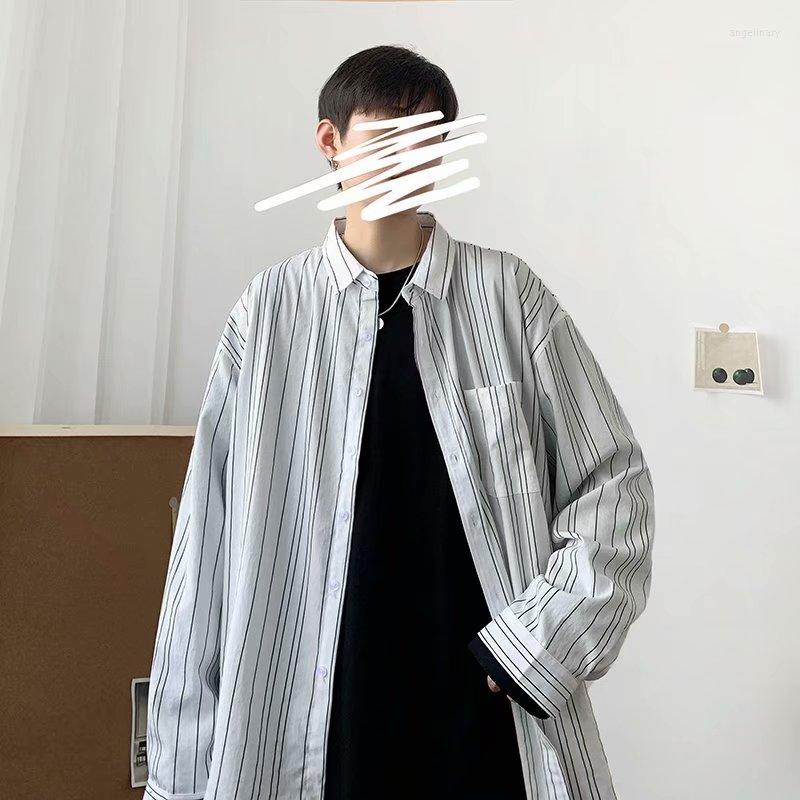 

Men's Casual Shirts Hong Kong Style Summer Thin Long-sleeved Shirt Literary Small Fresh Striped Loose Korean Chic Tide, Ghfc003 white