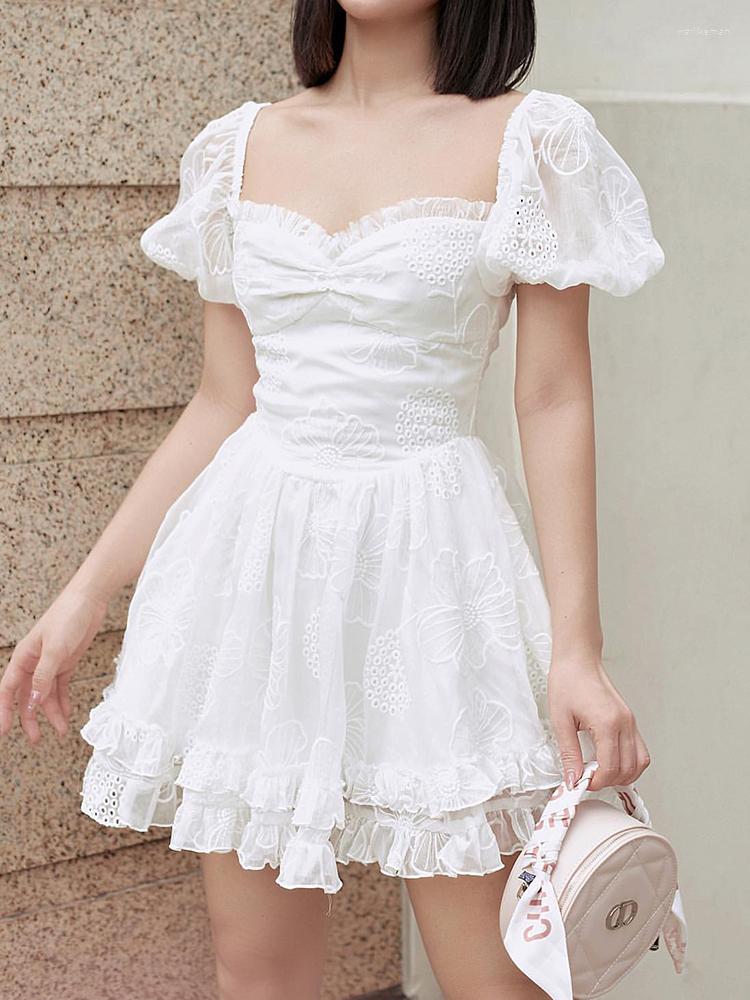 

Party Dresses White Color Puff Sleeves Women Ball Gown Mini Dress Sqare Neck Lace Elegant Lady Punk Clothes