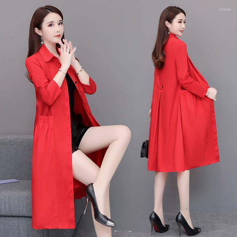 

Women's Trench Coats Spring Autumn 2023 Women Jacket Mid Long Thin Casual Coat Pocket Slim Female Windbreaker Loose Outwear Tops R1767, Red