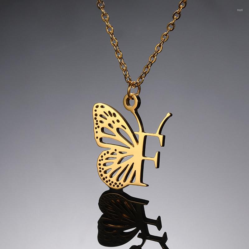 

Pendant Necklaces Initial Letter With Hollow Butterfly Necklace For Women Jewelry Stainless Steel Alphabet Female