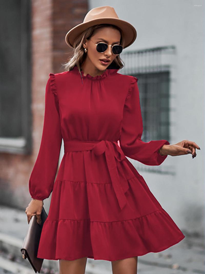 

Casual Dresses OUGES Women' Long Sleeve Ruffle Mock Neck Short Mini Swing Dress With Belt, Black