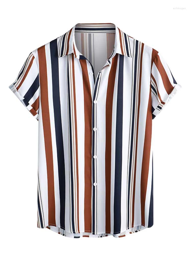 

Men's Casual Shirts ZAFUL Men's Shirt Vertical Mixed Stripes Button-Up Clothing Silky Blouse Top Short Sleeved For Men 2023, Deep coffee