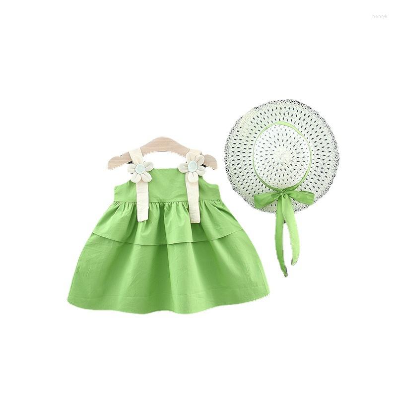 

Girl Dresses 2 Pieces Bowknot Kids Summer Set Korean Cute Flowers Born Baby Dress Sleeveless Cotton Beach Princess Sunhat, Blue