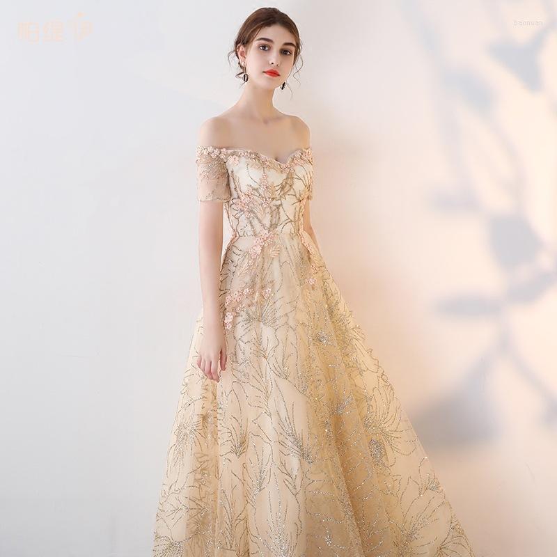 

Ethnic Clothing Sweet Appliques Lady Banquet Evening Dress Sexy Slash Neck Gold Pleated Dresses Floor-Length Party Long Skirt Prom Gown