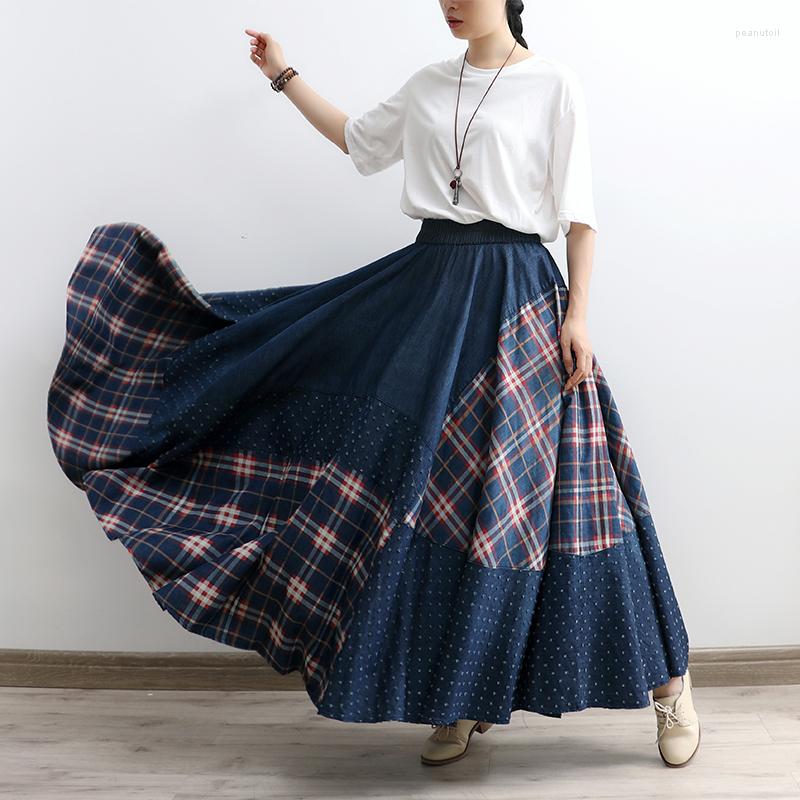 

Skirts Makuluya Fashion Bohemian Vintage Casual Maxi Spring Summer Autumn Long Denim Cotton Plaid Color Block Patchwork Splicing, Plaid dot