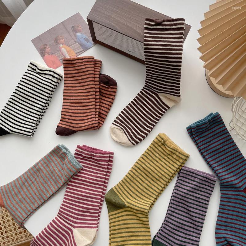 

Women Socks Retro Striped Medium Tube Cotton Korean Style Casual Woman, Multi