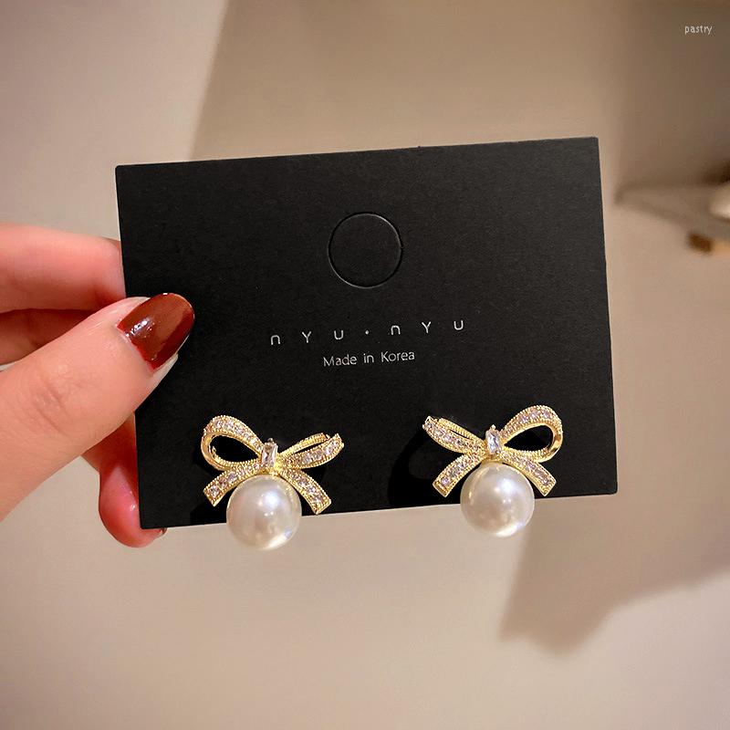 

Stud Earrings Fashion Fine 14K Real Gold Pearl Bowknot For Women High Quality Jewelry Shiny Zircon S925 Silver Needle