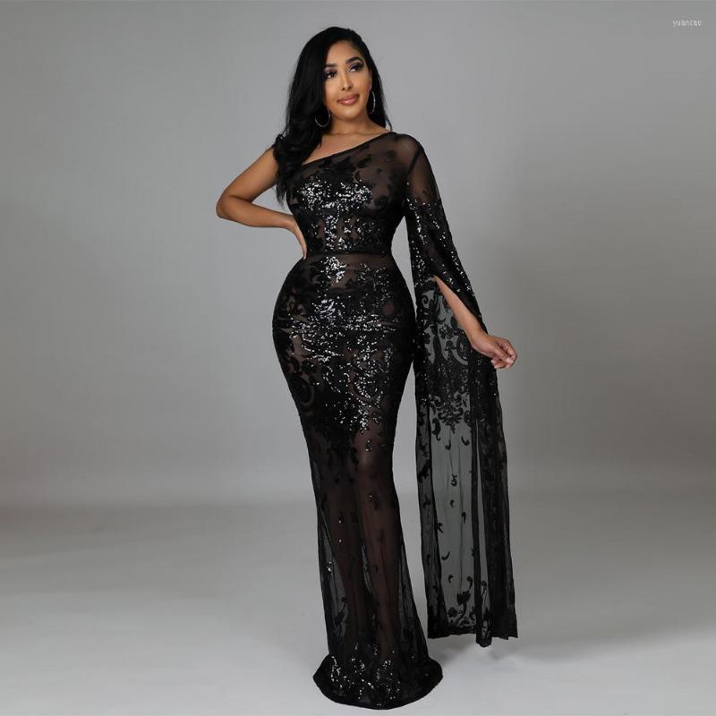 

Casual Dresses 2023 Fashion Nightclub Party Dress See-through Sequin One-Shoulder Long Sleeve Floor Length, Black