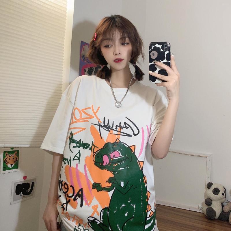

Women's T Shirts Summer Korean Of The Loose Funny Graffiti Print Hip-hop Short-sleeved T-shirt, Black