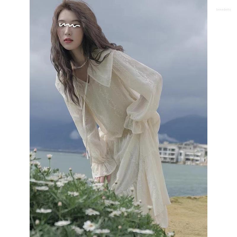 

Casual Dresses Vintage Dress Women V Neck Full Sleeve Ruffled Elegant 2023 Summer French Fashion Loose Sweet White Female, Apricot