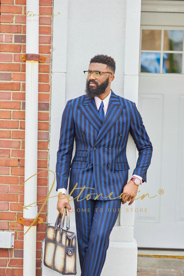 

Men's Suits Costume Homme Fashion Navy Blue Striped Wedding Men With Pants Party Prom Slim Fit Tuxedos Groom Terno Masculino Blazer, Black