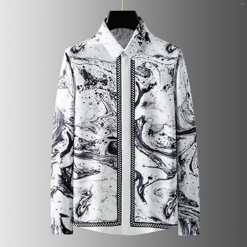 

Men's Casual Shirts Luxury Printing For Men Long Sleeve Social Business Dress Slim Fit Party Tuxedo Blouse Chemise Homme, Beige