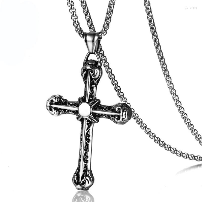 

Pendant Necklaces Mens Cross Necklace Stainless Steel Long Link Chain Silver Color Man Gothic Erkek Kolye Jewellery