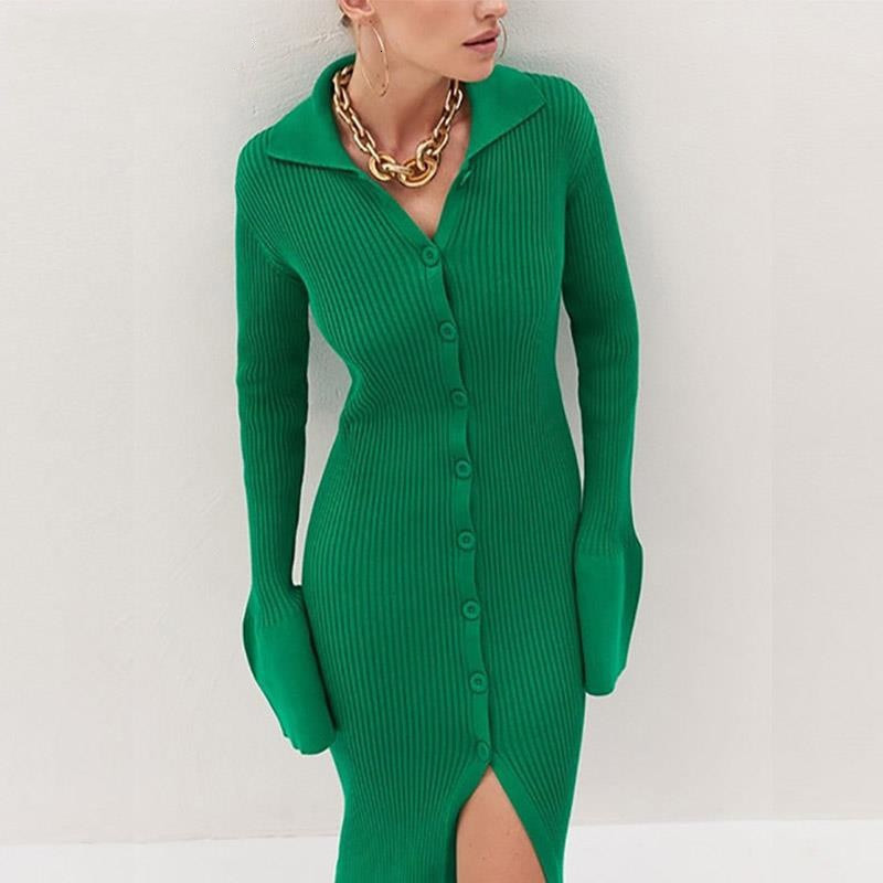 

Casual Dresses Y2k Clothes Women Maxi Knitted Sweater Dress Lady Elegant Turn Down Collar Midi Split Slim Long Sleeve Bodycon Long Dress 230313, Green