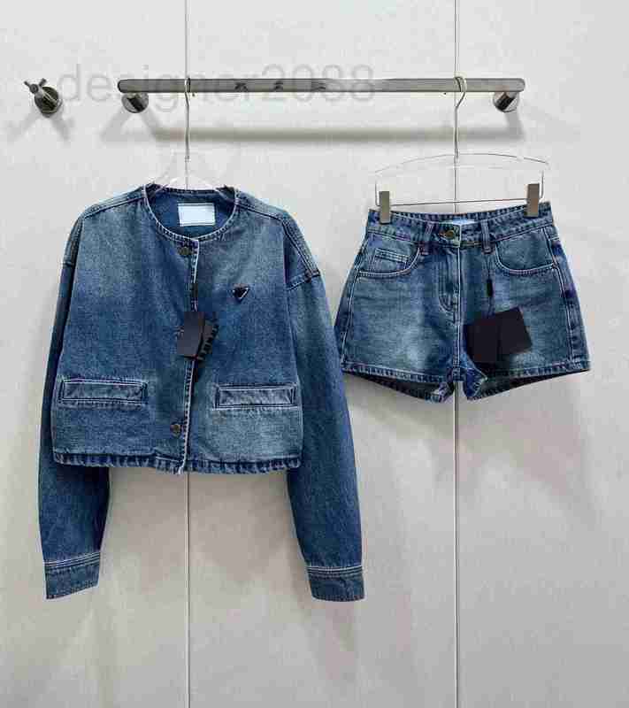 

Two Piece Dress Designer Brand Denim Women Sports 2 Set Single Breasted Long Sleeve O-neck Jacket Triangle Shorts Suit 2023 Outfits UHEK, Blue