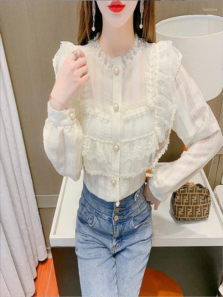 

Women' Blouses Spring Autumn Women Ruffled Beading Long Sleeved Chiffon Shirt Sexy Single Breasted Lace Female Shirts Blusas Mujer De Moda, Blue