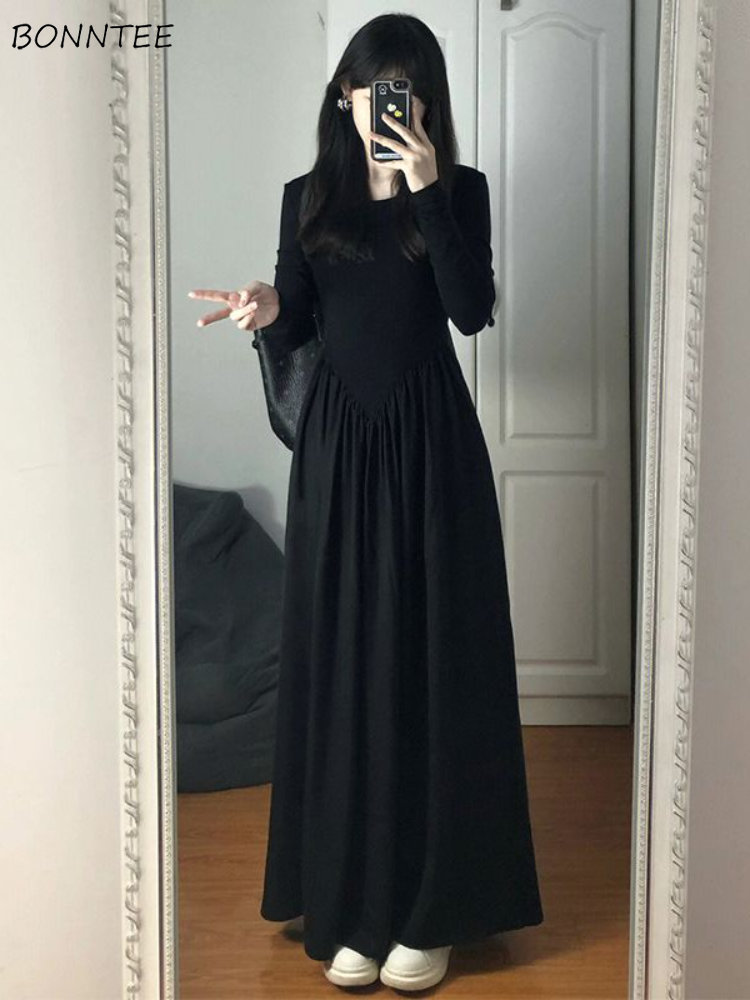 

Casual Dresses Maxi Black Long Sleeve Dresses for Women Autumn Vestido De Mujer Solid Minimalist Folds Empire Korean Fashion Style Stylish 230313, Beige